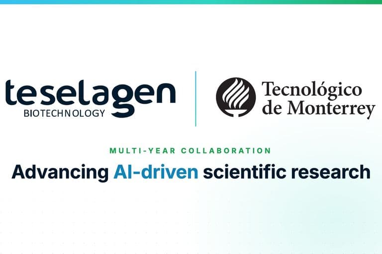 TeselaGen Biotechnology and Tecnológico de Monterrey logos side by side above the words “Multi-year collaboration: Advancing AI-driven scientific research”