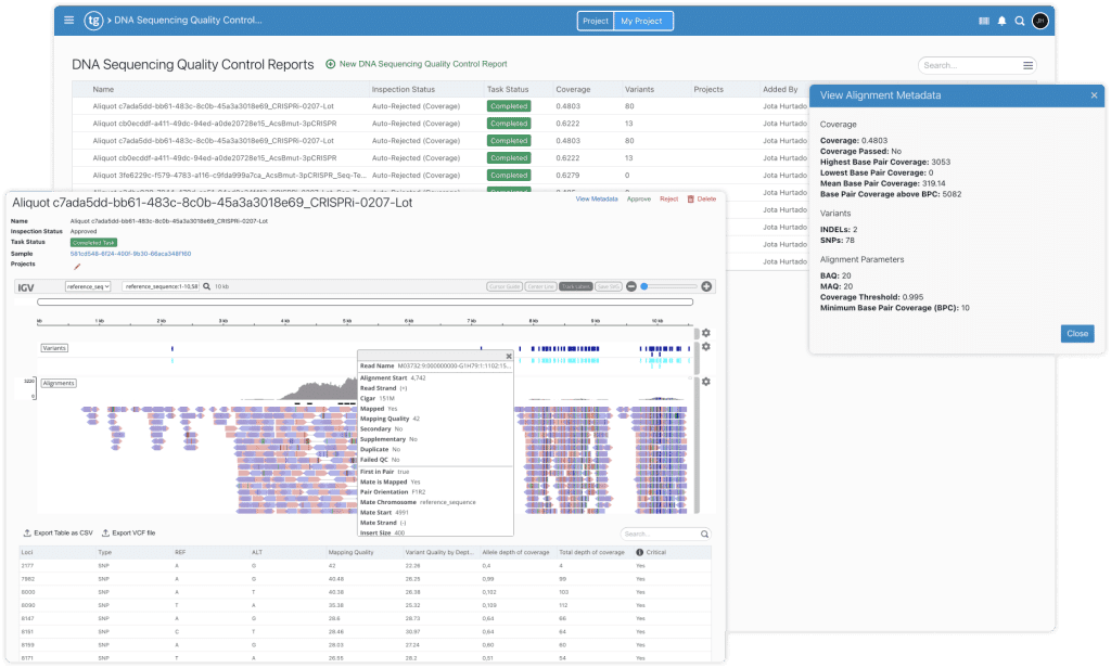 Sequencing quality control interface in TeselaGen