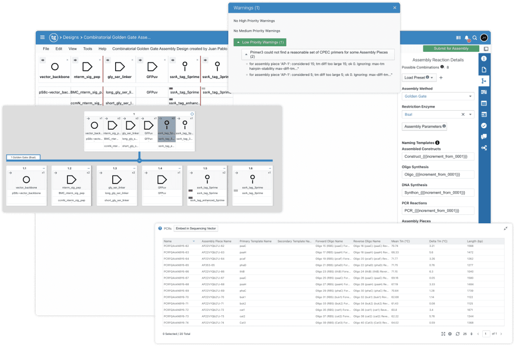 DNA assembly design interface in TeselaGen