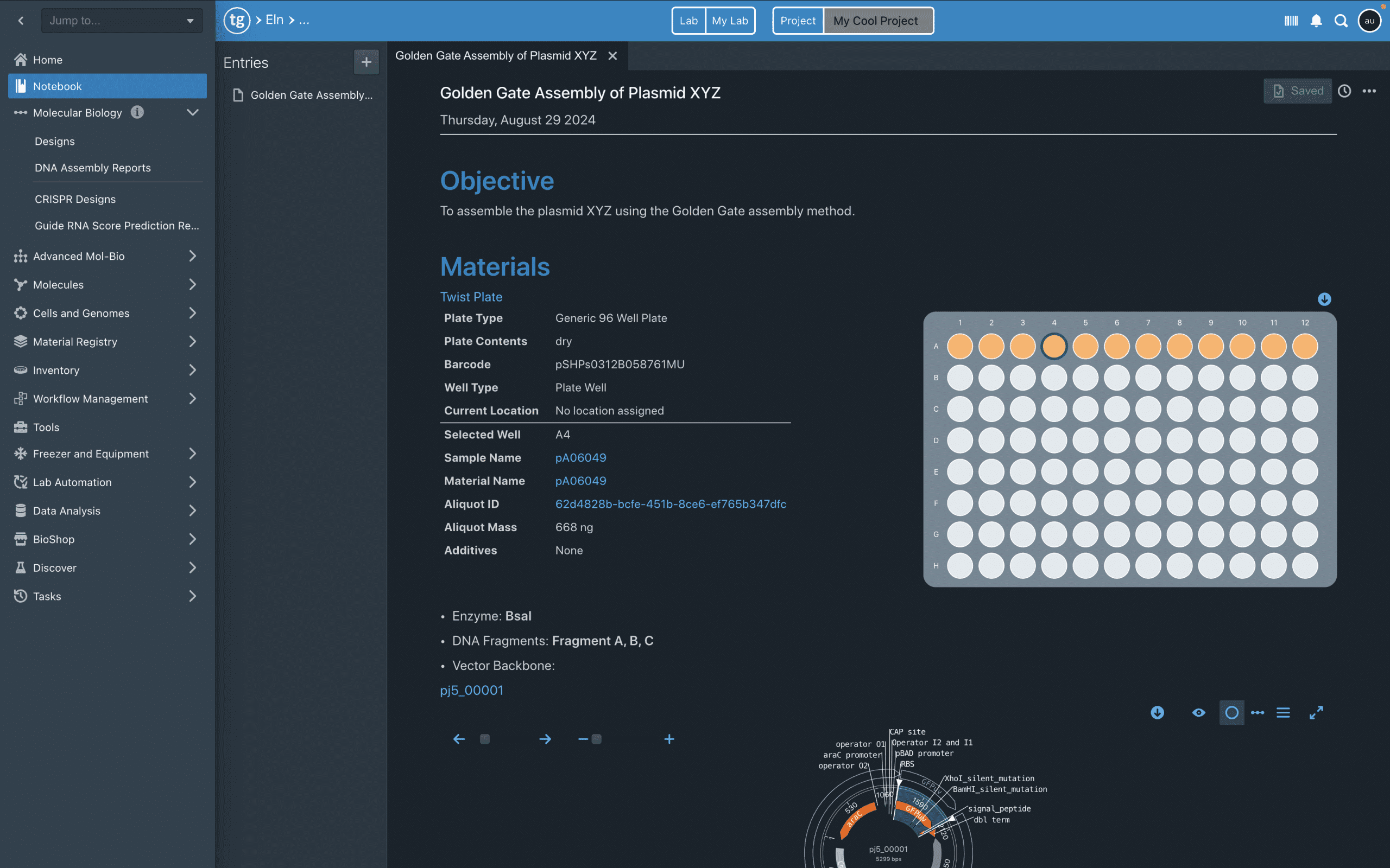 TeselaGen ELN experiment planning view