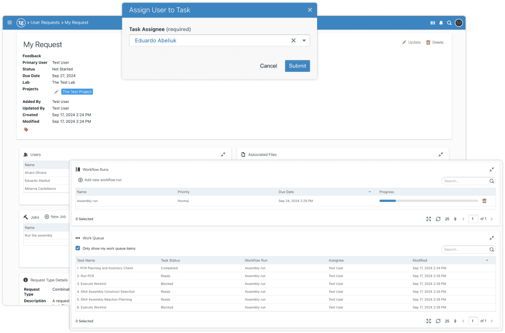 User requests and job management in TeselaGen
