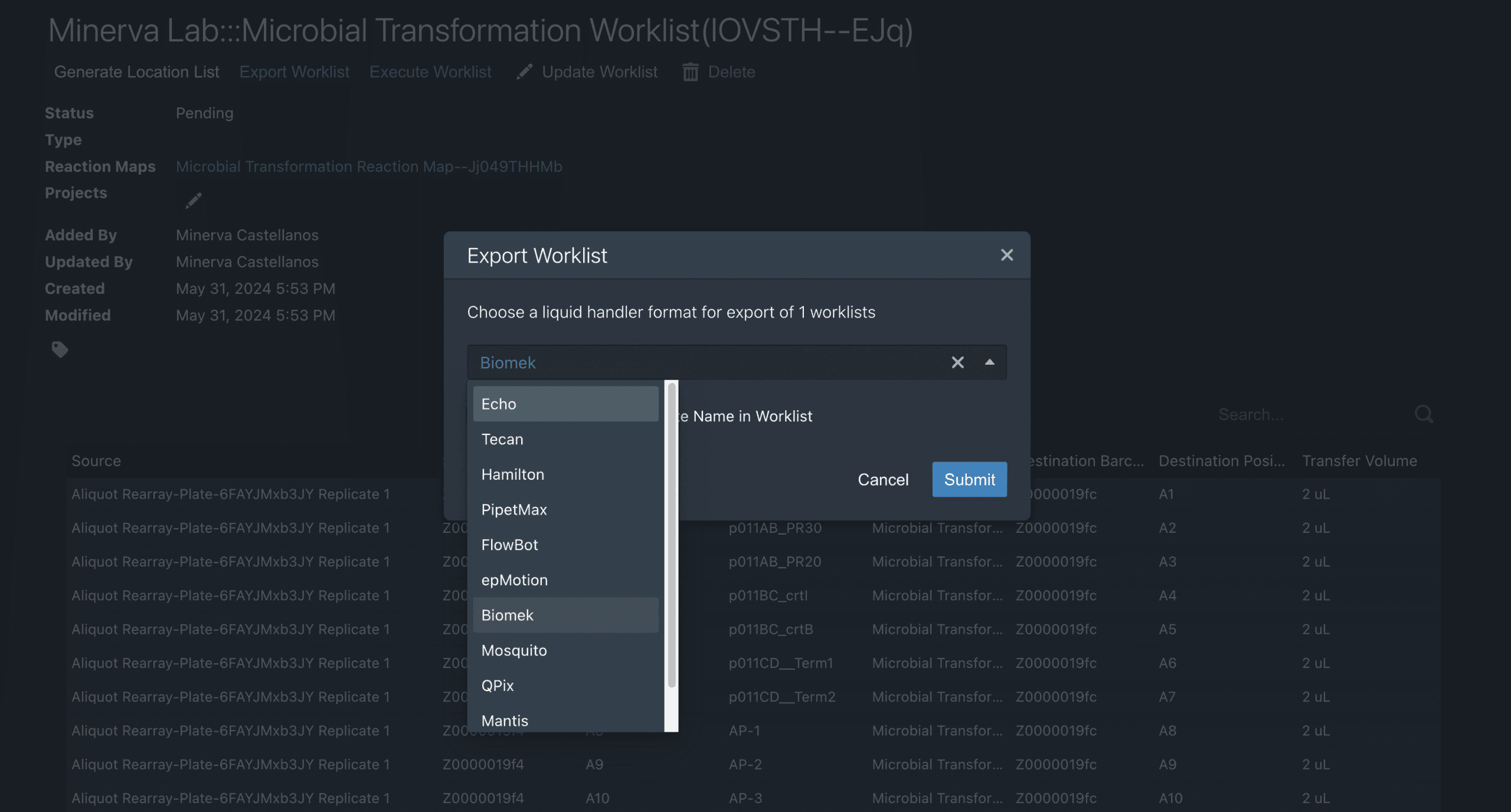 Worklist export interface in TeselaGen