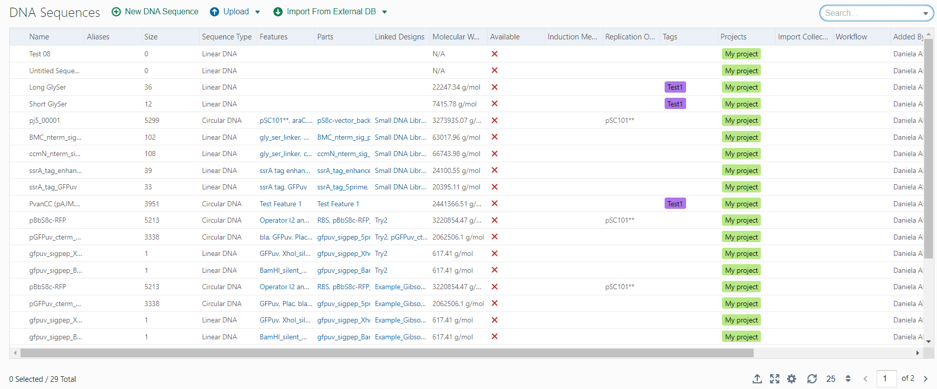 DNA Sequences library table with type, size, and feature columns