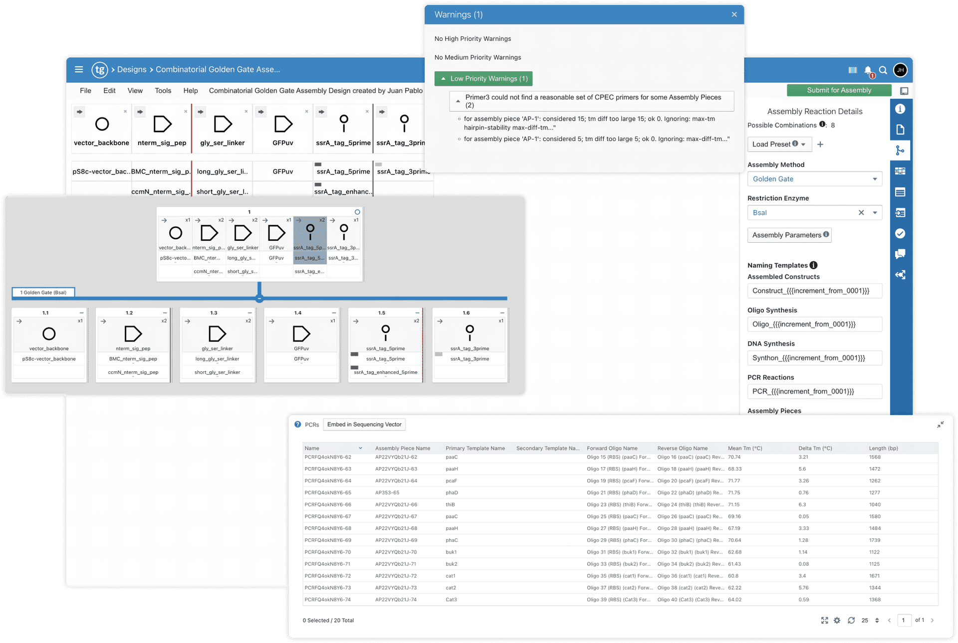 Combinatorial Golden Gate assembly design with PCR reactions