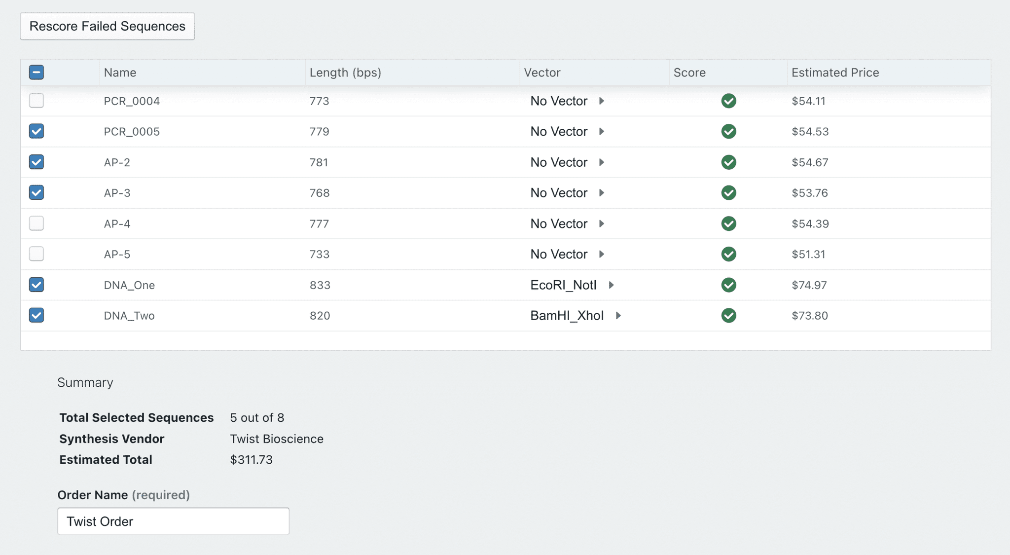 BioShop DNA synthesis ordering interface in TeselaGen
