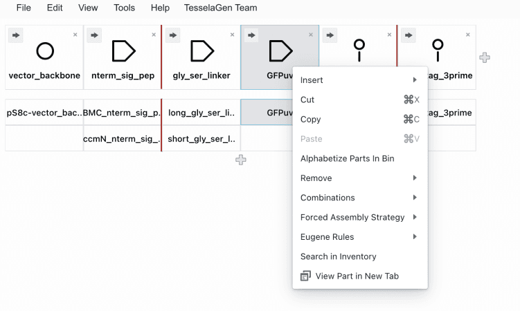 Design Editor view with a Combinatorial Golden Gate example