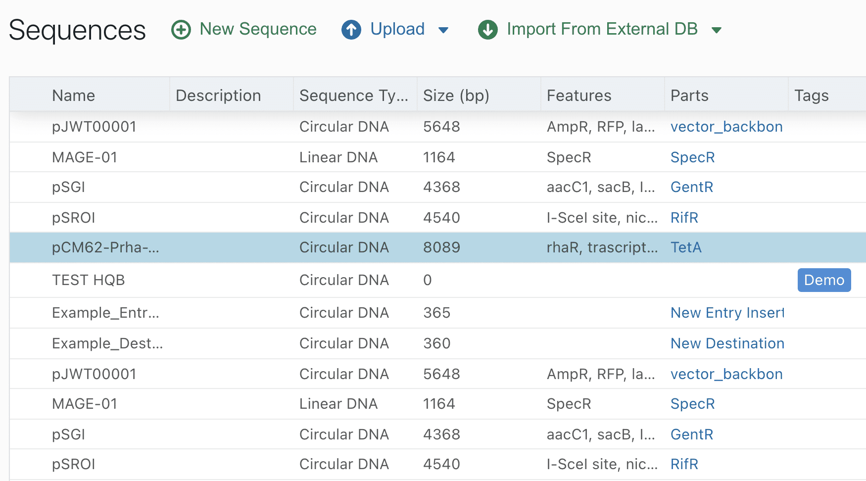 Online DNA and protein sequence library in TeselaGen