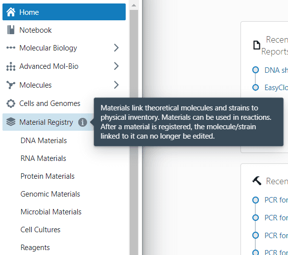 Materials registry showing strain records in TeselaGen
