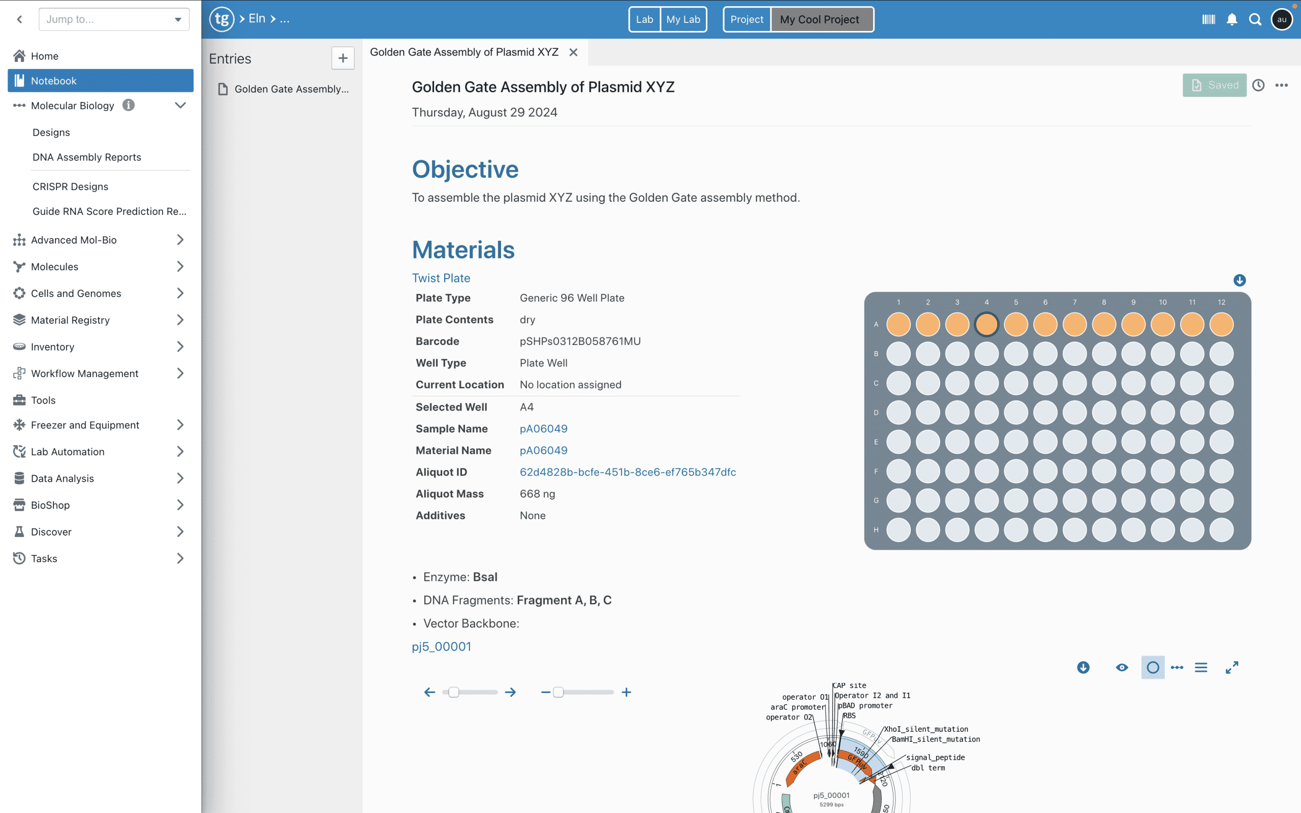 TeselaGen Electronic Lab Notebook interface