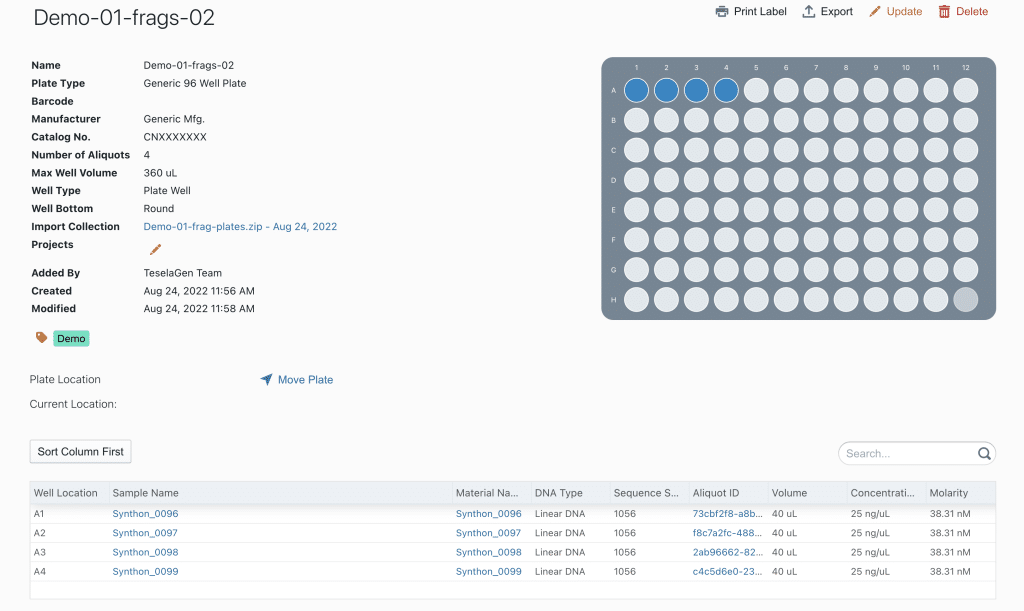 TeselaGen's LIMS system, managing samples in a 96-well plate on the  (Build module).