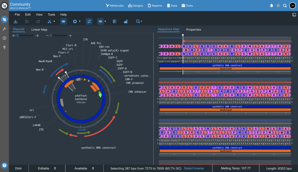 Adenovirus plasmid, downloaded from Addgene, for gene therapy and cell therapy visualized in TeselaGen's vector editor on the free Community Edition using the Dark Theme.