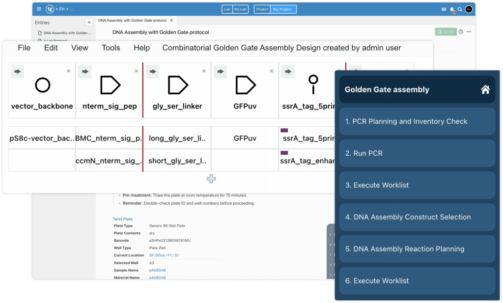 Screenshots on how a full Golden Gate workflow looks in TeselaGen