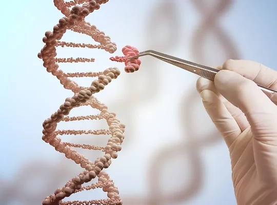 The replacement of a DNA component as part of genetic modification.