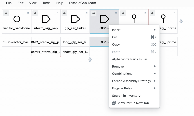 Design Editor view with a Combinatorial Golden Gate example